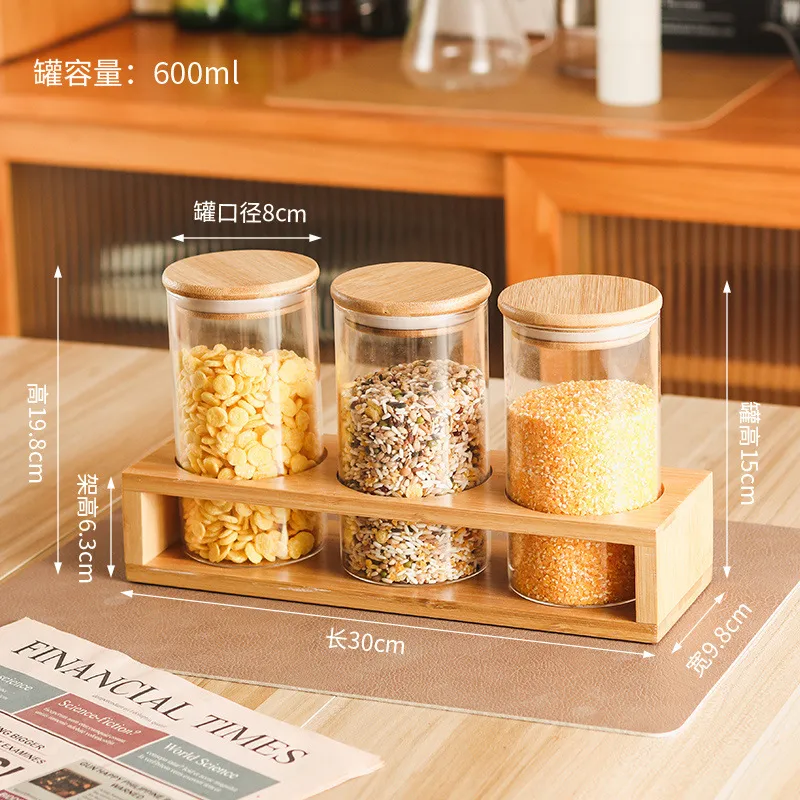 3pcs of high borosilicate glass storage jar with bamboo stand