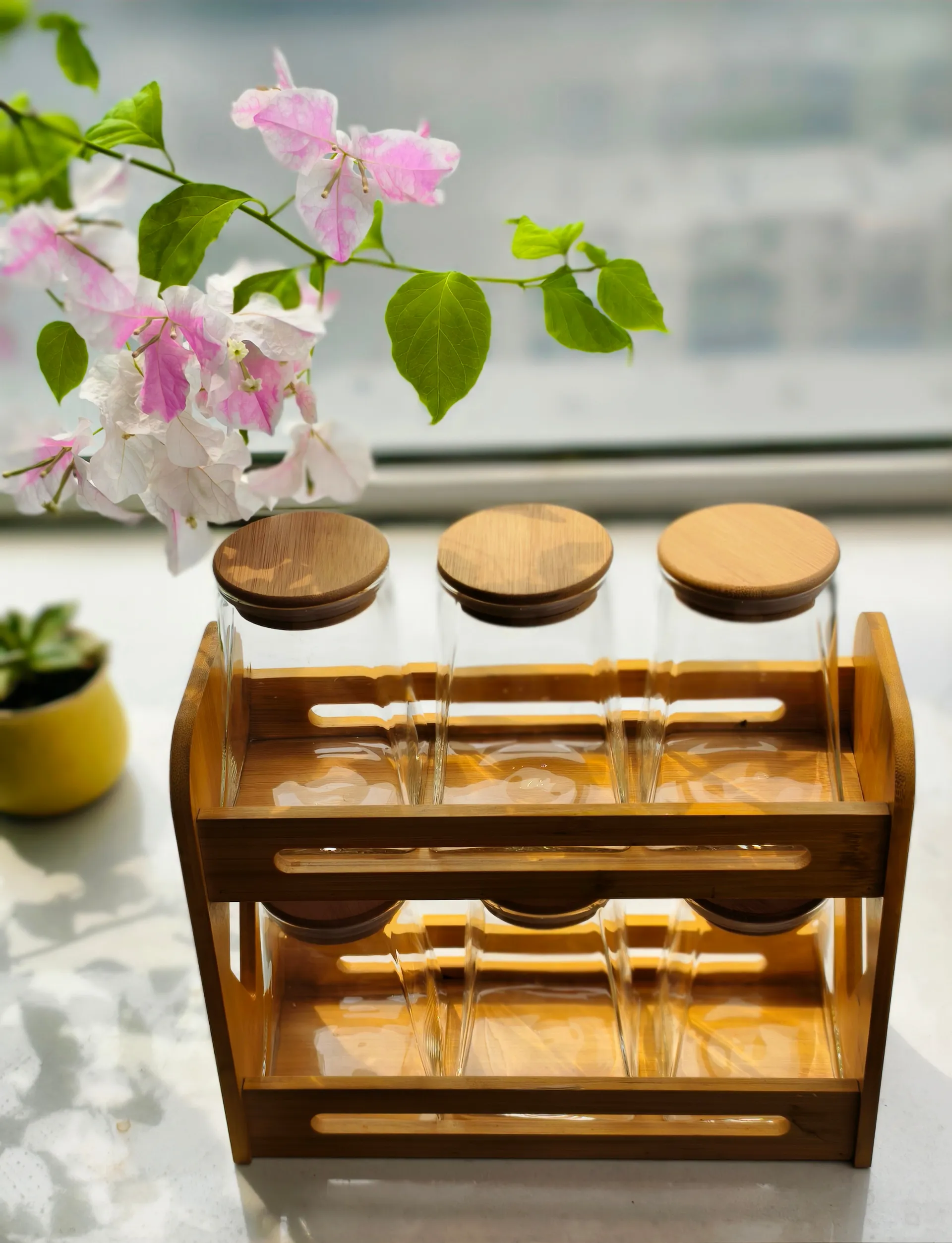 2 Tier Bamboo storage jar set spice rack jar