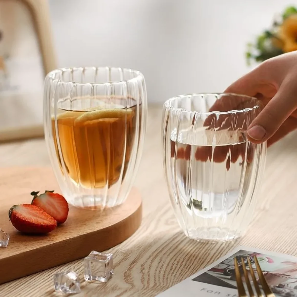vertical pattern double layer glass mug