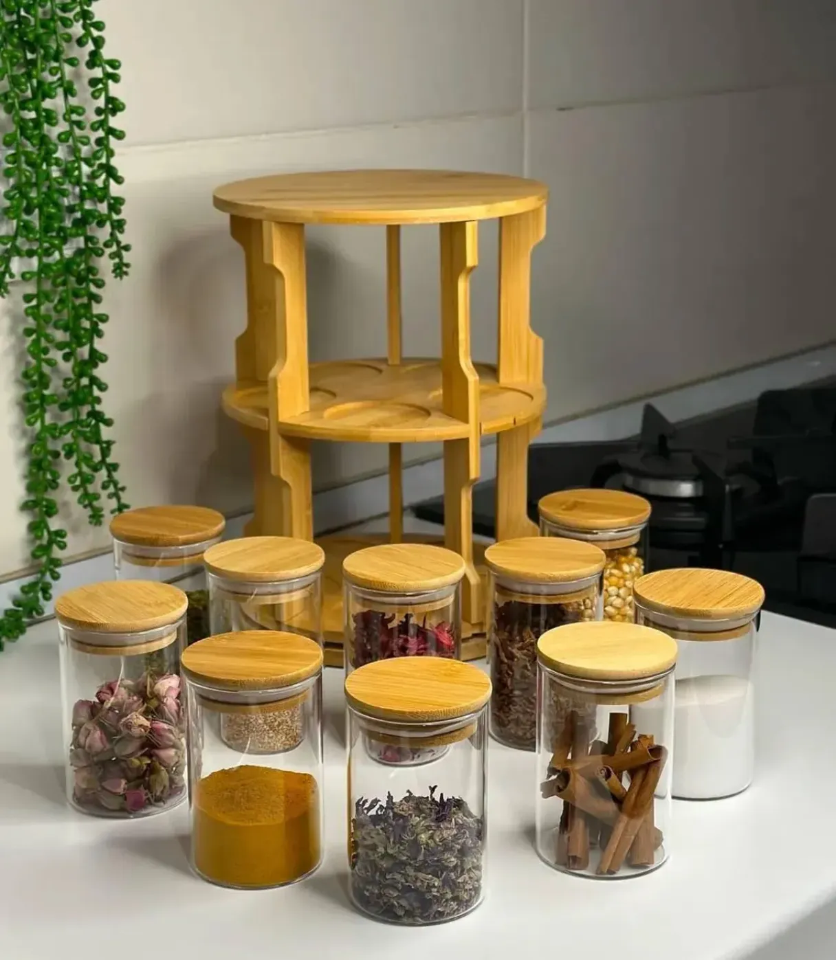 Rotating Bamboo Rack with 10 Ultra-Clear Borosilicate Jars