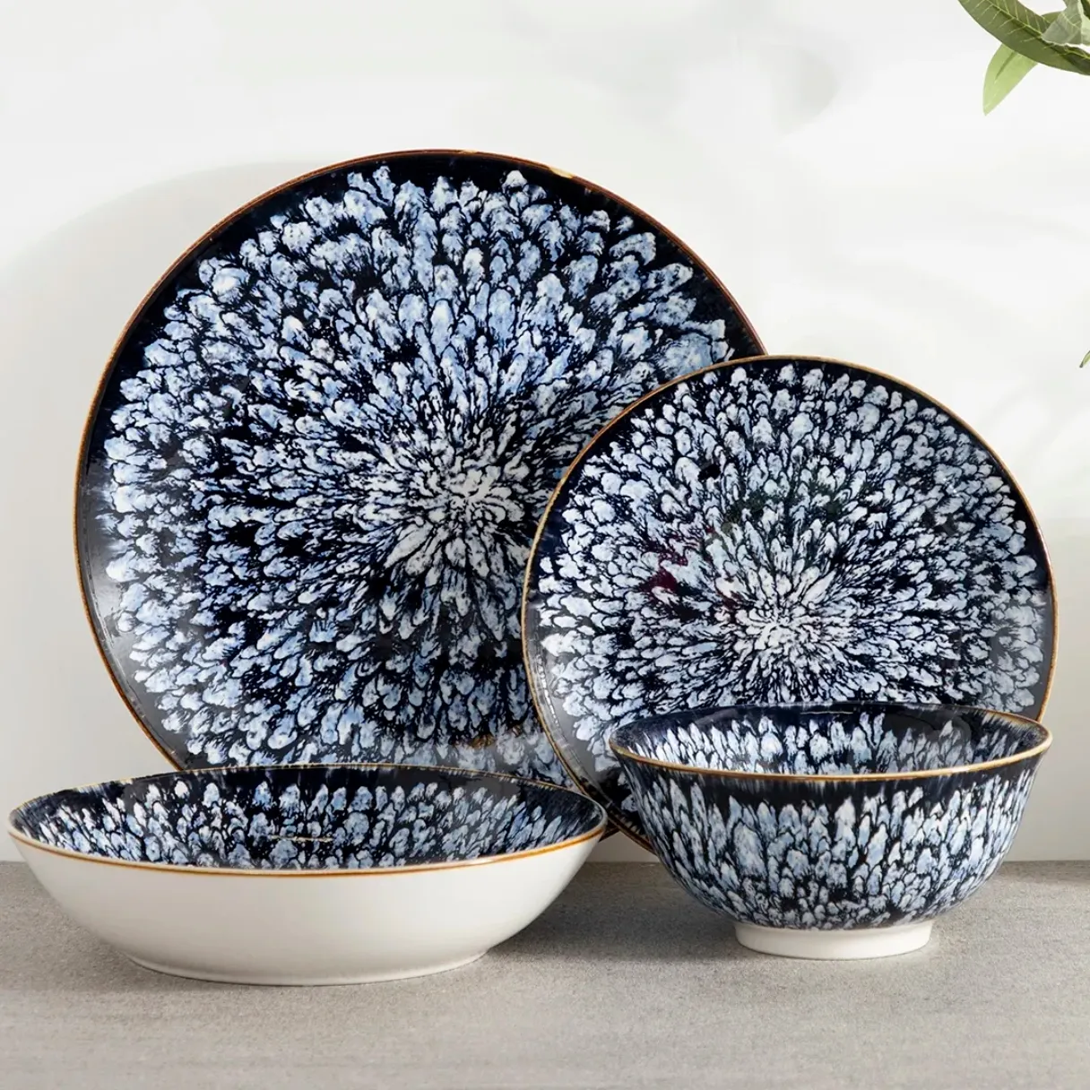 Reactive glazed style pad print blue and black porcelain plate
