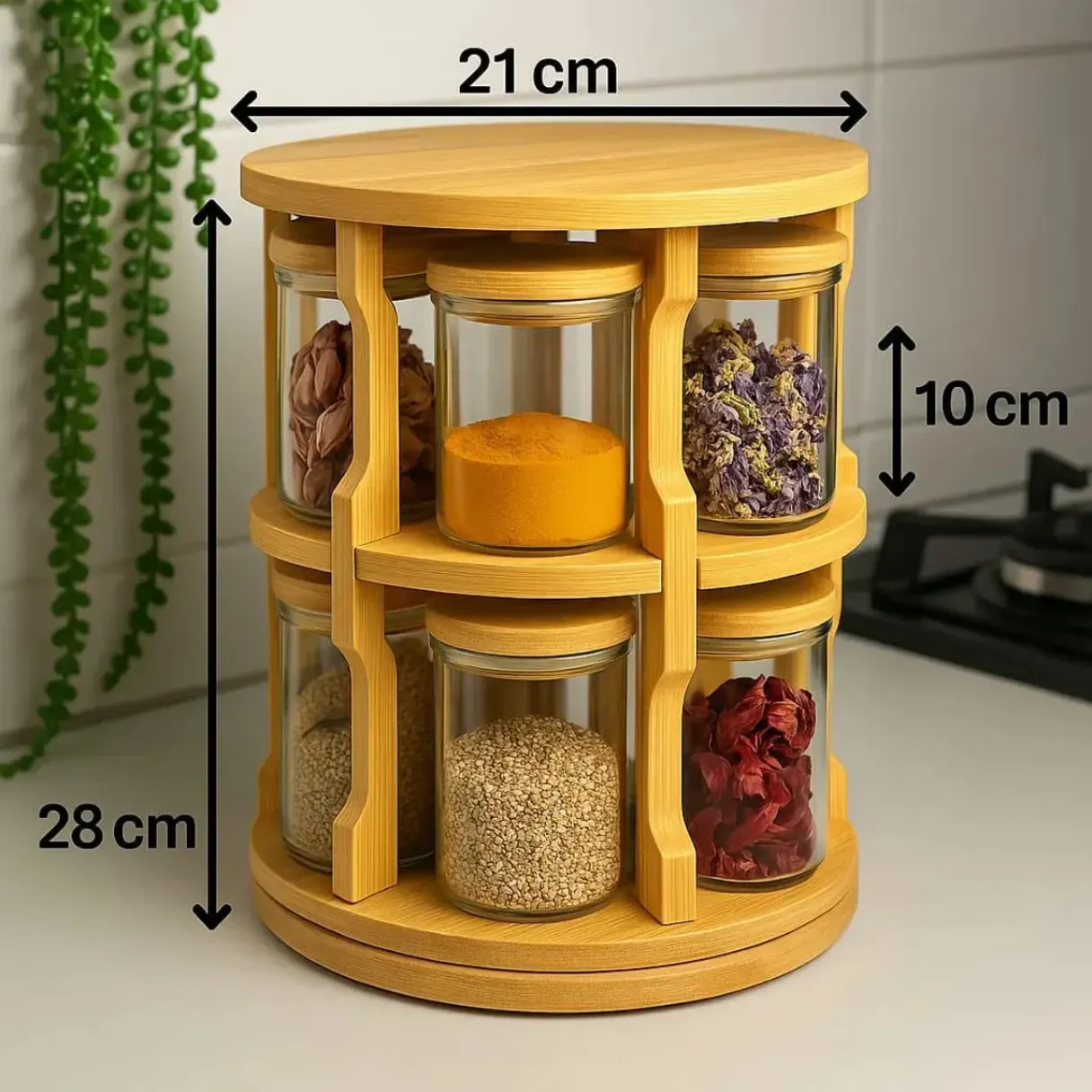Rotating Bamboo Rack with 10 Ultra-Clear Borosilicate Jars