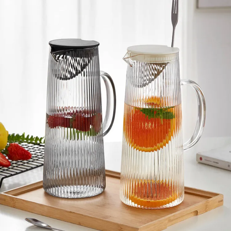 Heat Resistant Ribbed Glass Pitcher with Lid and Spout Set Electroplating Color