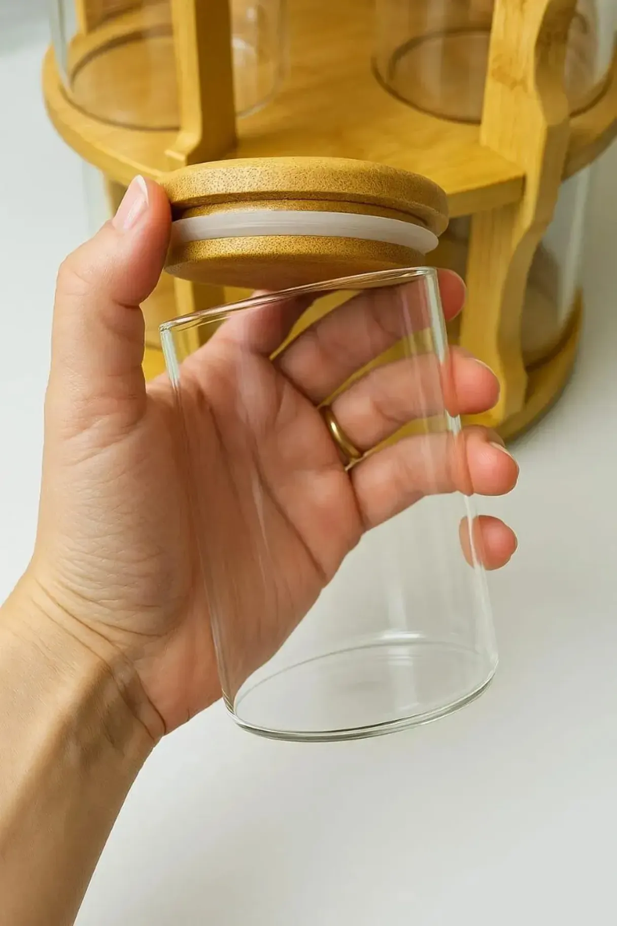 Rotating Bamboo Rack with 10 Ultra-Clear Borosilicate Jars