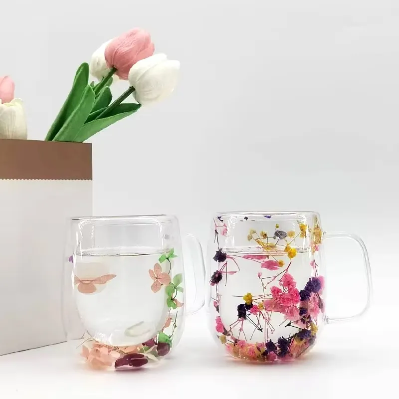 Flower Glass Cups With Suspended Colorful Pine Needles