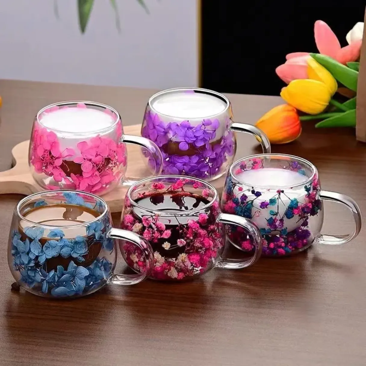 Flower Glass Cups With Suspended Colorful Pine Needles