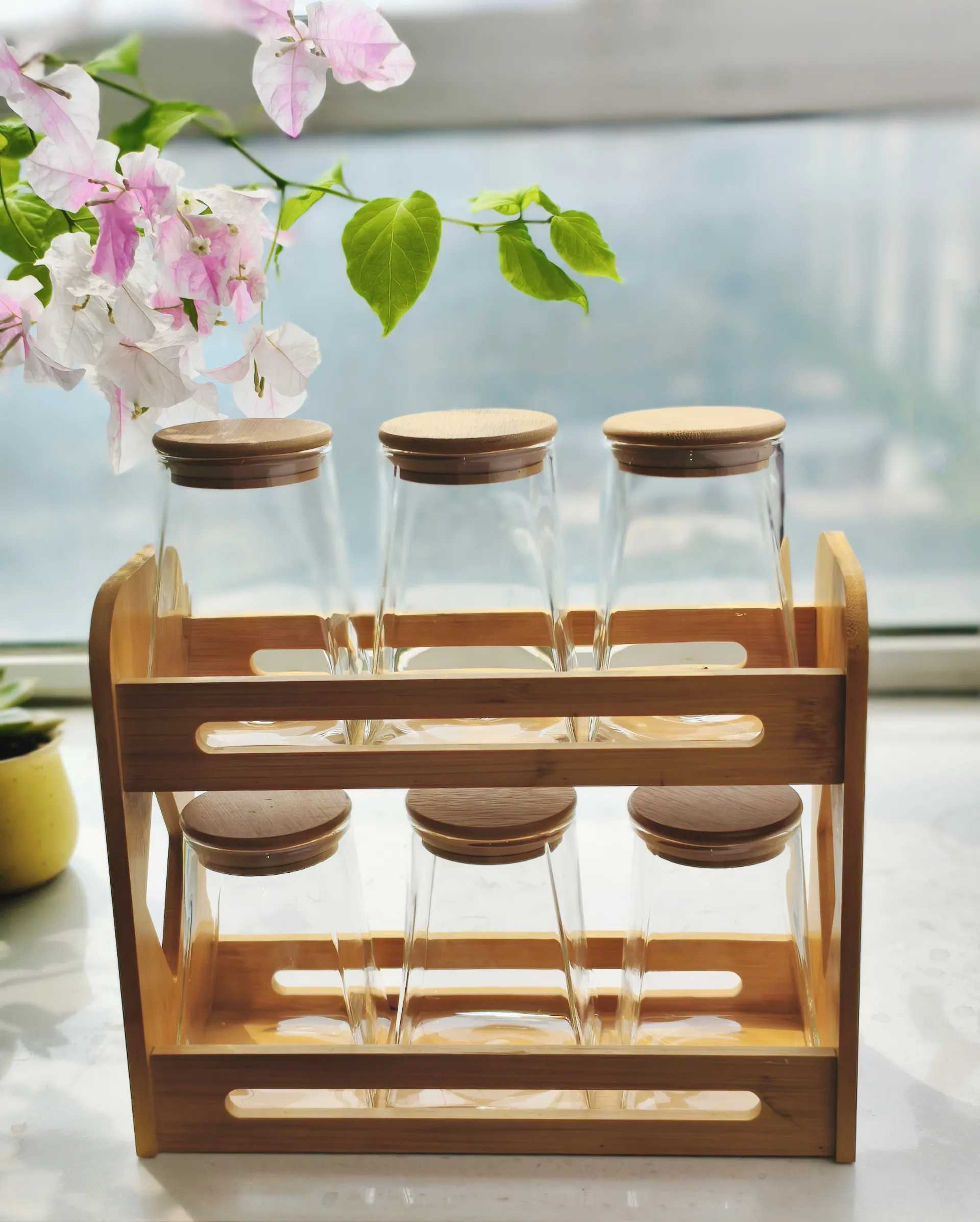 2 Tier Bamboo storage jar set spice rack jar