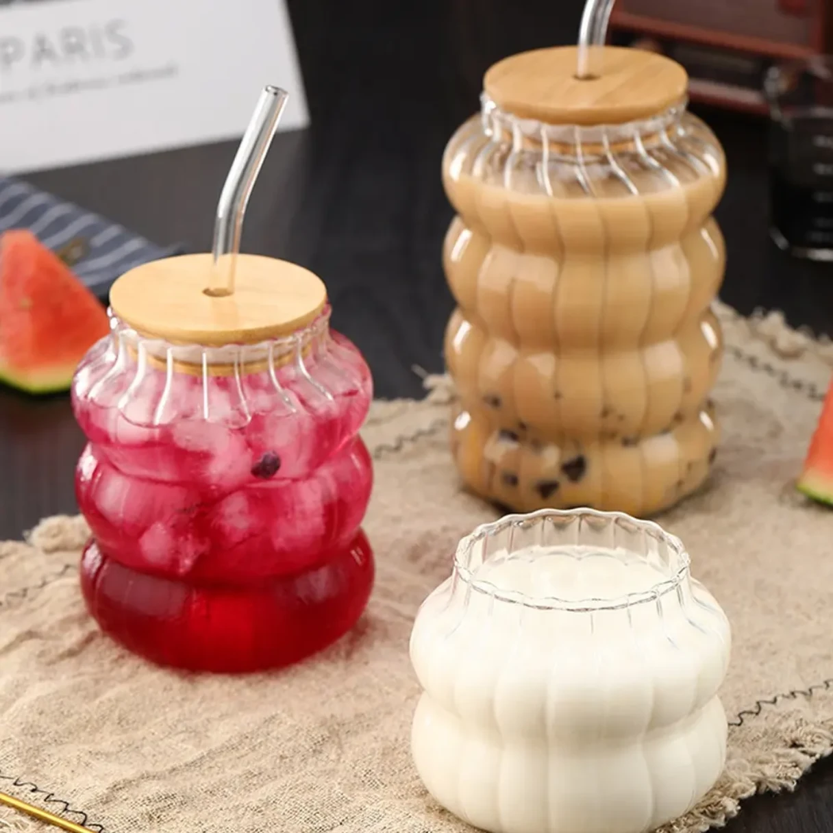 Heat Resistant Coffee Juice Cold Drink borosilicate glass cup with glass straw and bamboo lid