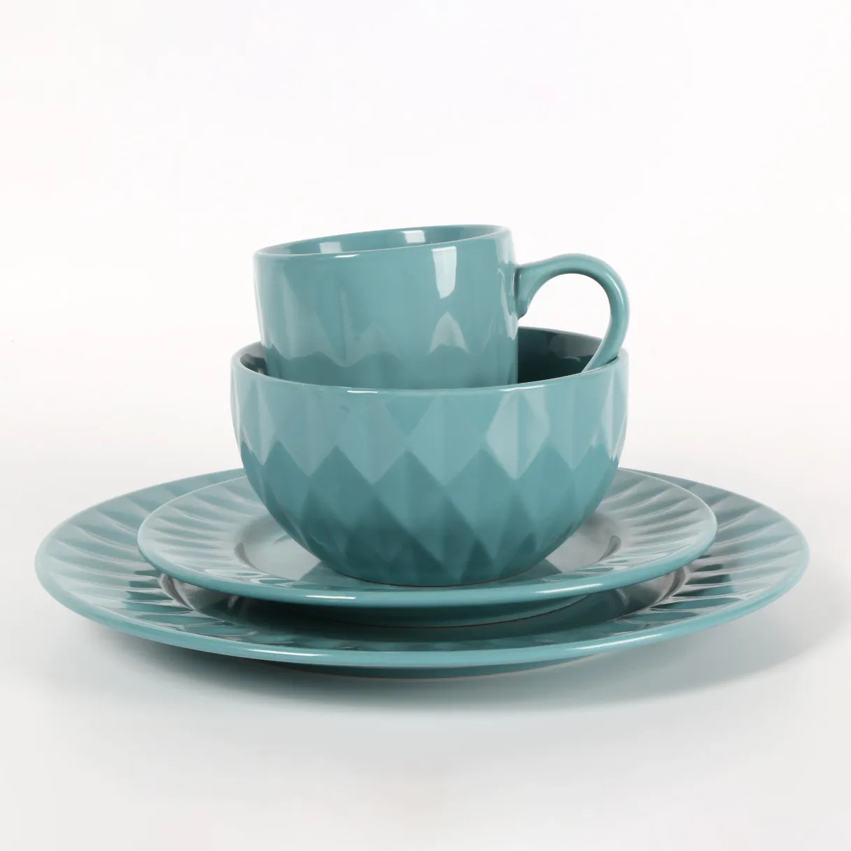 blue-green Solid Glaze diamond embossed porcelain dinner set