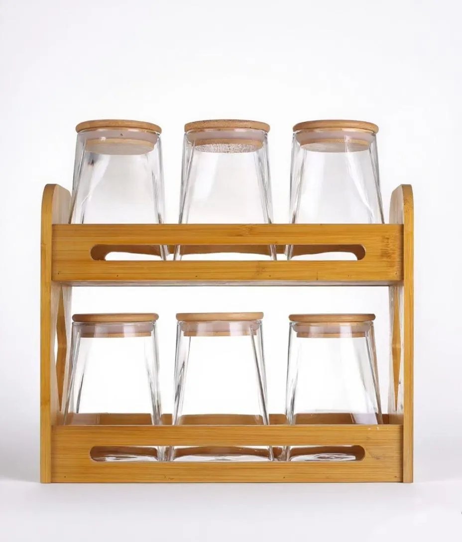 2 Tier Bamboo storage jar set spice rack jar