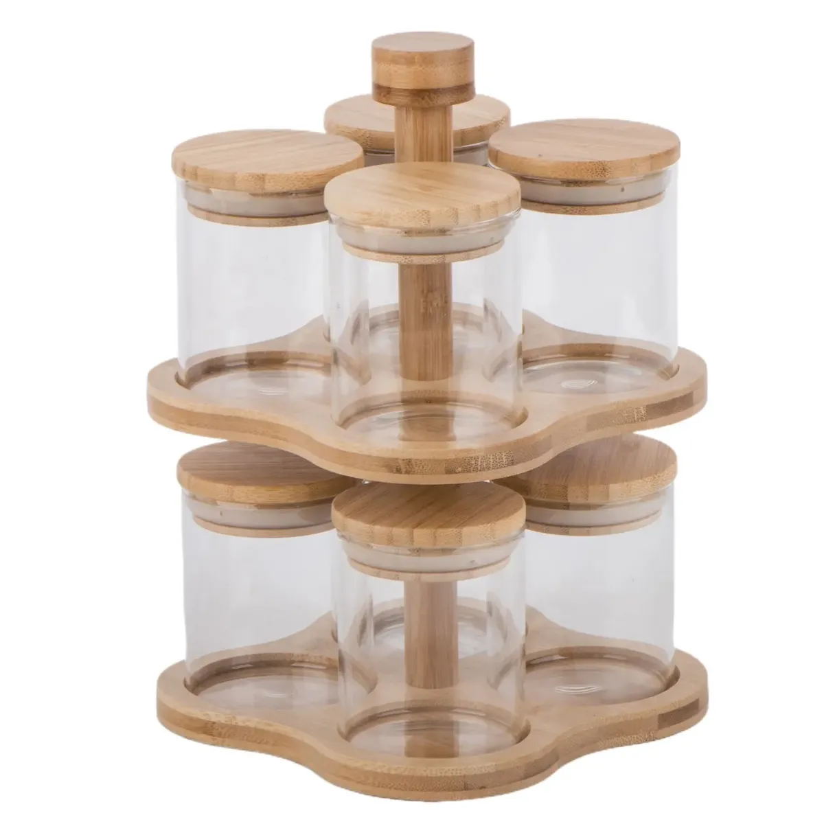 rotating bamboo rack housing ​8 pristine high-borosilicate glass jars