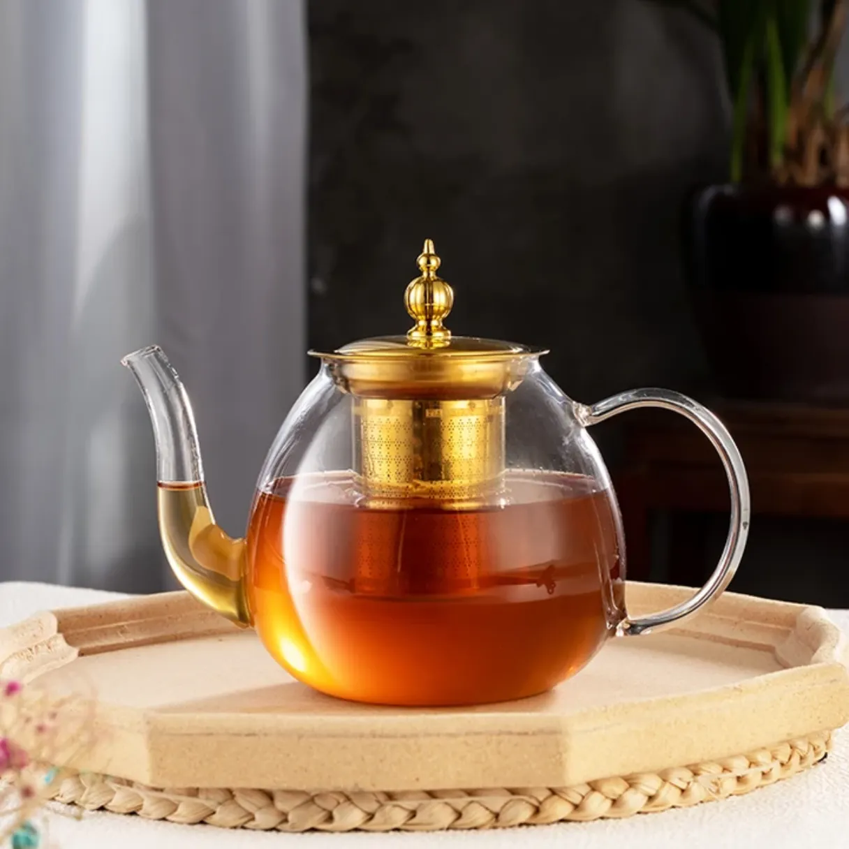 high borosilicate golden lid  glass tea pot 750ml/1L/1.4L