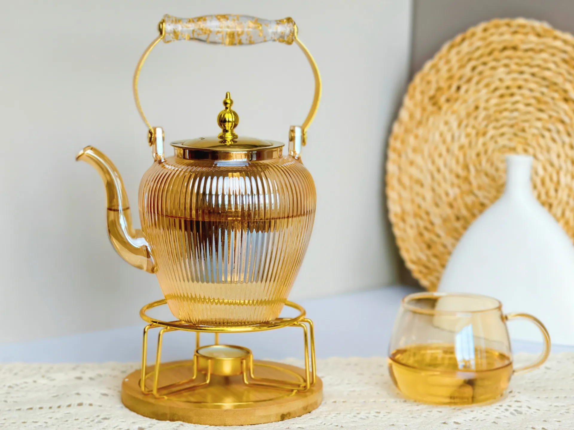 1000ml 1200ml 1500ml high borosilicate glass stripe tea pot with 304SS steel handle and infuser