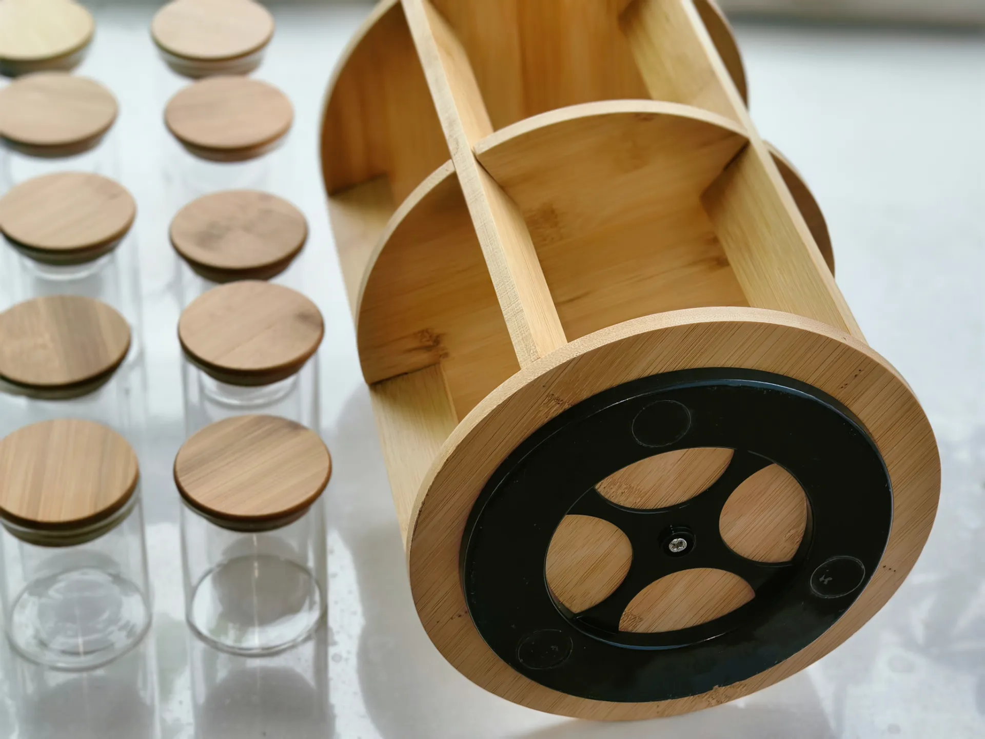 2 tier rotating bamboo rack housing ​10 pristine high-borosilicate glass jars
