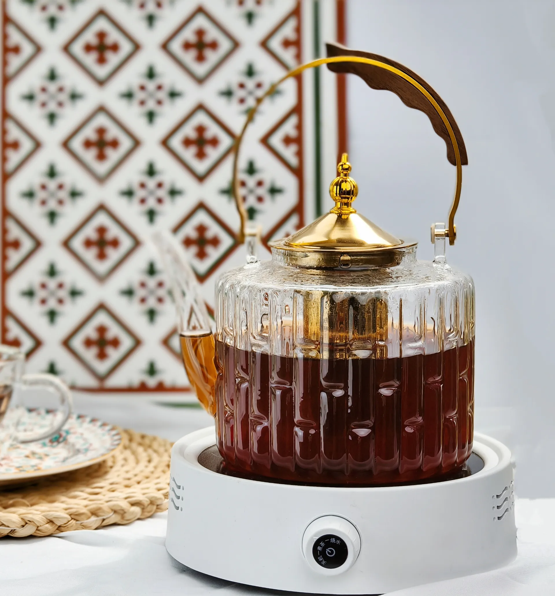 1L High-Borosilicate Glass Teapot set infuser with golden stainless steel handle and lid