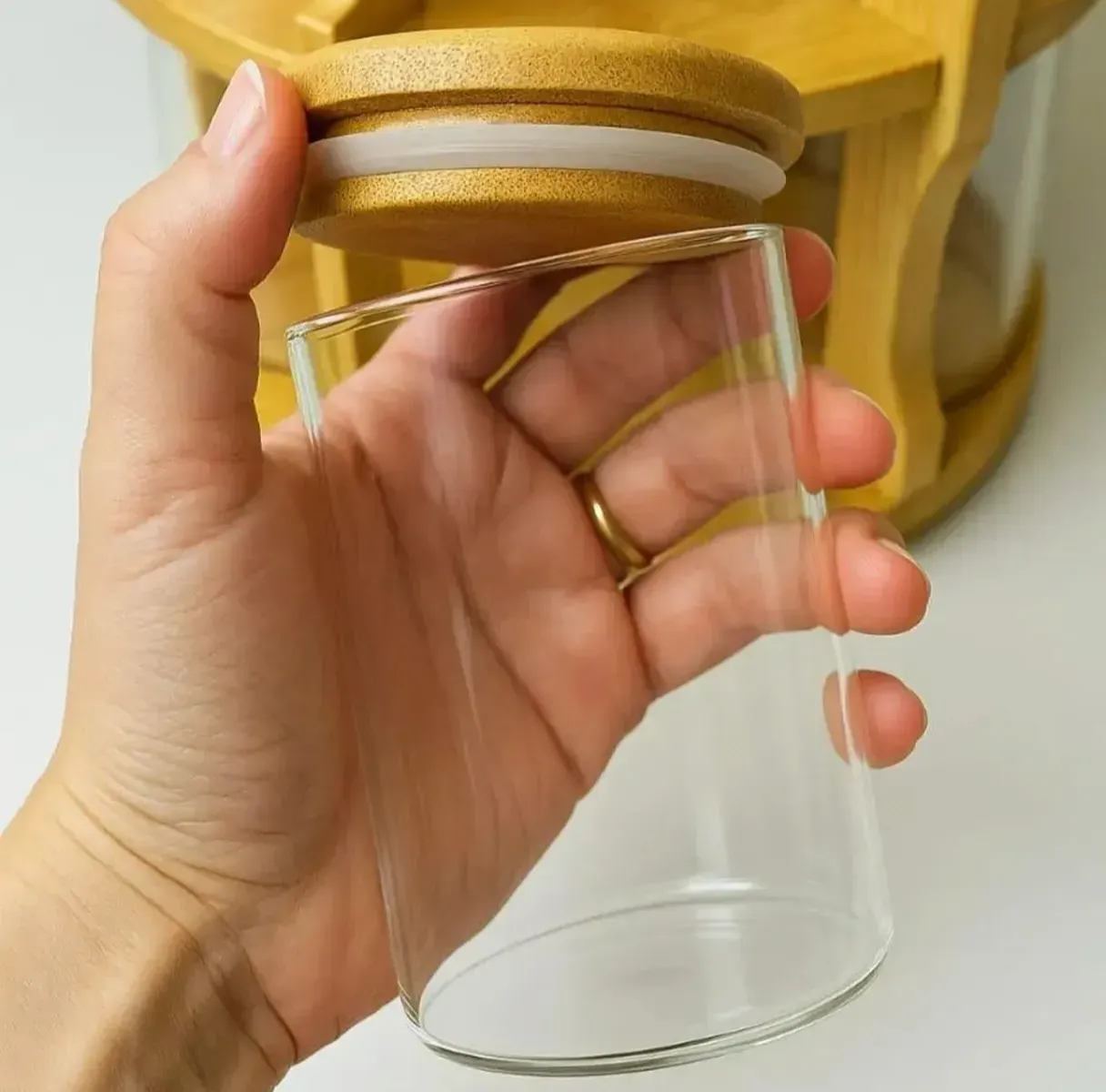 2 tier rotating bamboo rack housing ​10 pristine high-borosilicate glass jars