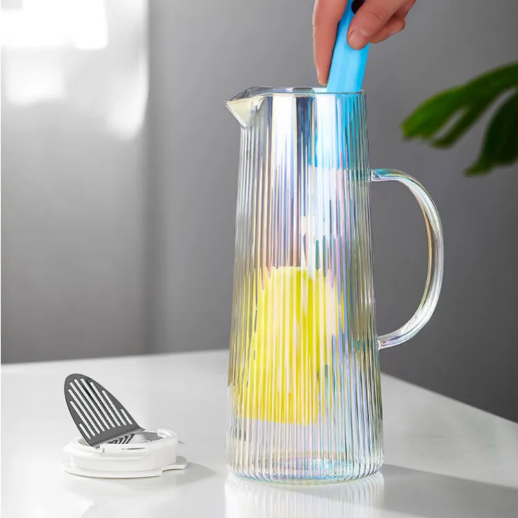 Heat Resistant Ribbed Glass Pitcher with Lid and Spout Set Electroplating Color