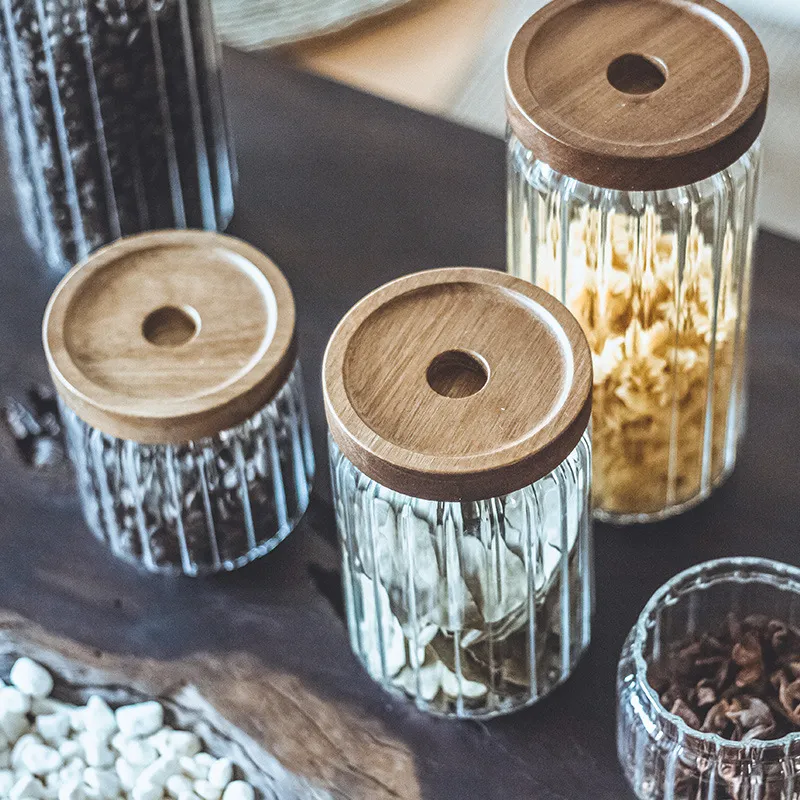 Vertical Stripe Inside High Borosilicate Glass Jars with Acacia Wooden Lids