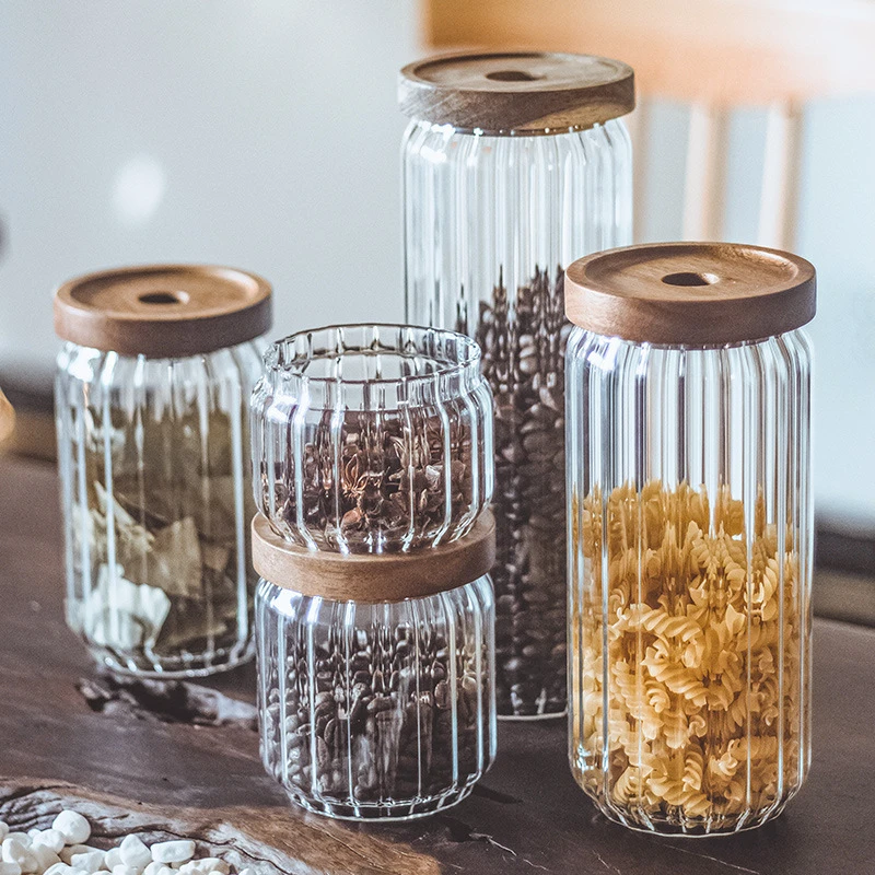 Vertical Stripe Inside High Borosilicate Glass Jars with Acacia Wooden Lids