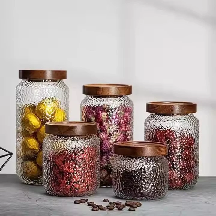 Hammered Pattern High Borosilicate Glass Jars With Acacia Wooden Lids