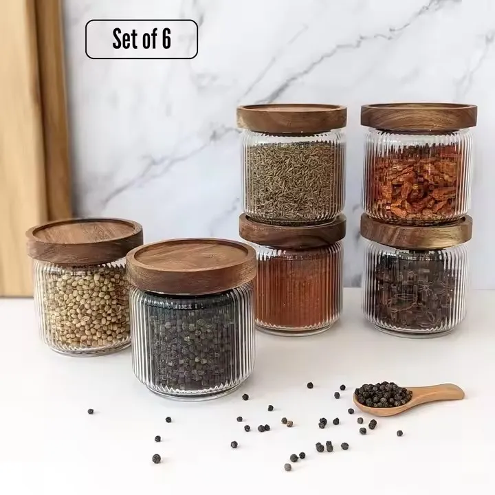 Vertical Stripe High Borosilicate Glass Jars With Acacia Wooden Lids