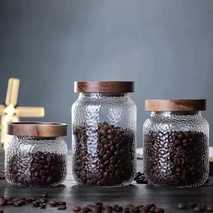 Hammered Pattern High Borosilicate Glass Jars With Acacia Wooden Lids