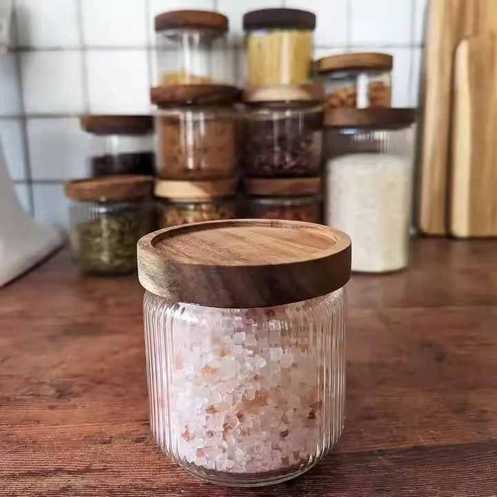 Vertical Stripe High Borosilicate Glass Jars With Acacia Wooden Lids