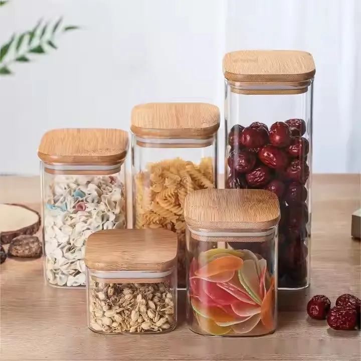 Square High Borosilicate Glass Storage Jar With Bamboo Lid For Home Kitchens