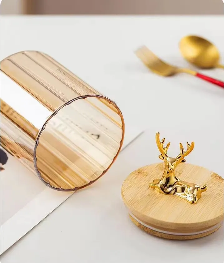 Amber Vertical Stripe High Borosilicate Glass Jars With Elk Bamboo Lid