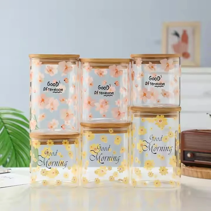 Classic Design Square Glass Jar with Hand Blown Lid Multi-Size for Kitchen for Households Parties