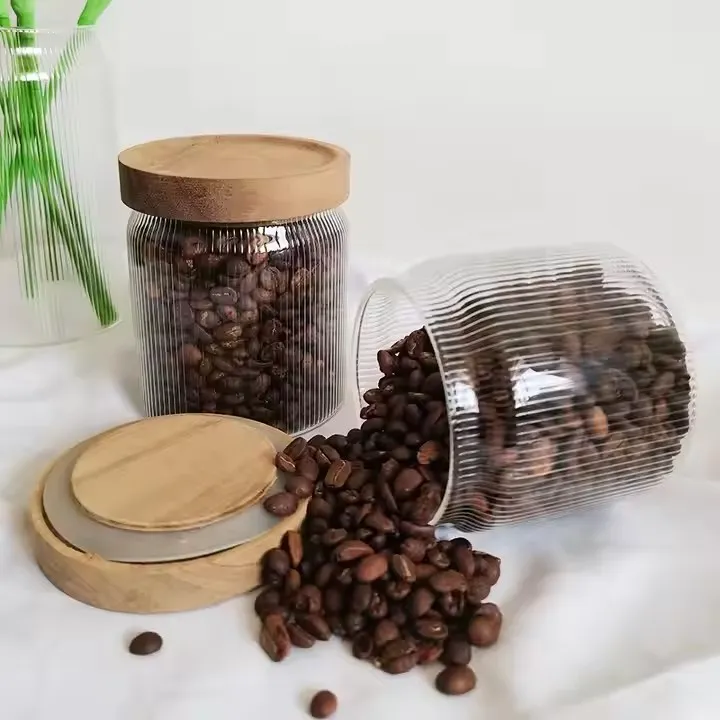 Vertical Stripe High Borosilicate Glass Jars With Acacia Wooden Lids