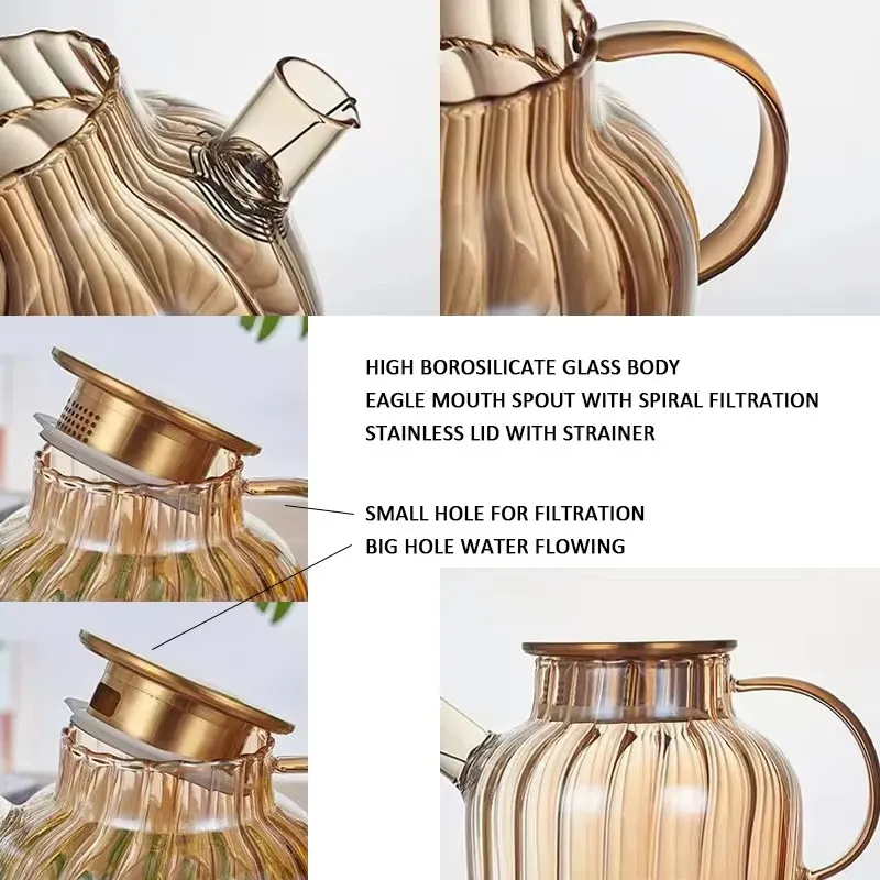 Vertical Striped High Borosilicate Glass Water Pitcher With Bamboo/Stainless Steel Lid
