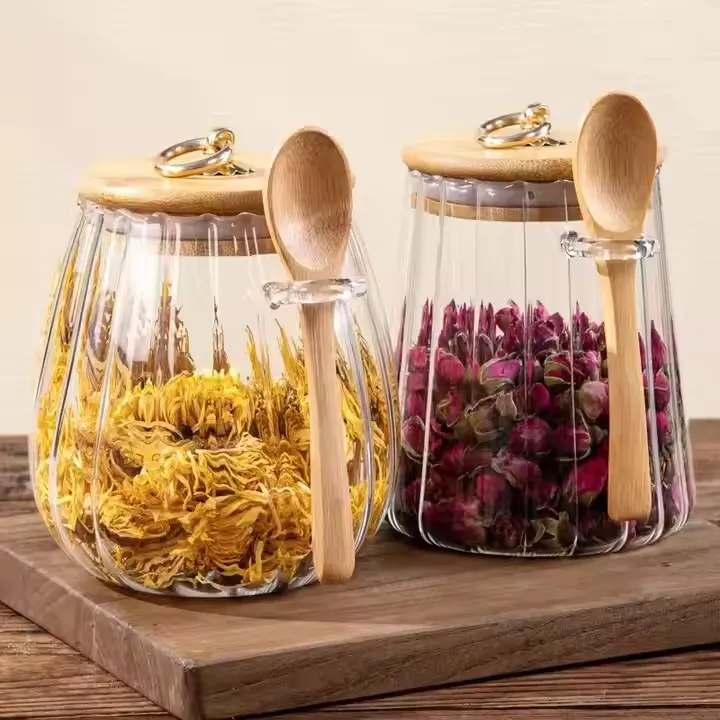 High Borosilicate Glass  Transparent Striped Storage Jar with Bamboo Lid