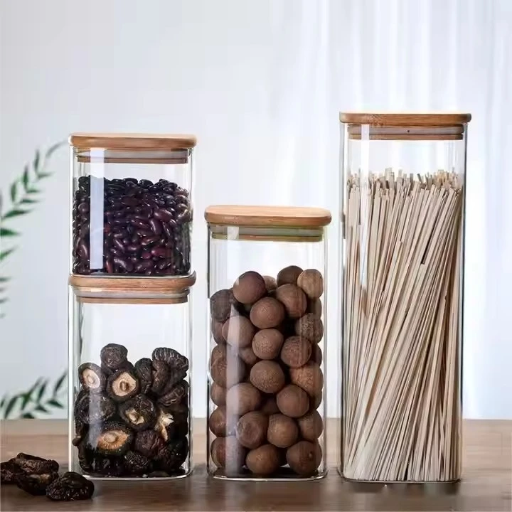 Square High Borosilicate Glass Storage Jar With Bamboo Lid For Home Kitchens