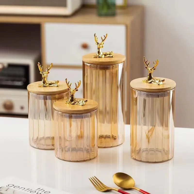 Amber Vertical Stripe High Borosilicate Glass Jars With Elk Bamboo Lid