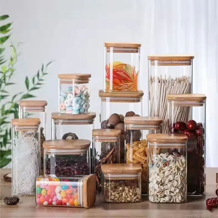 Square High Borosilicate Glass Storage Jar With Bamboo Lid For Home Kitchens