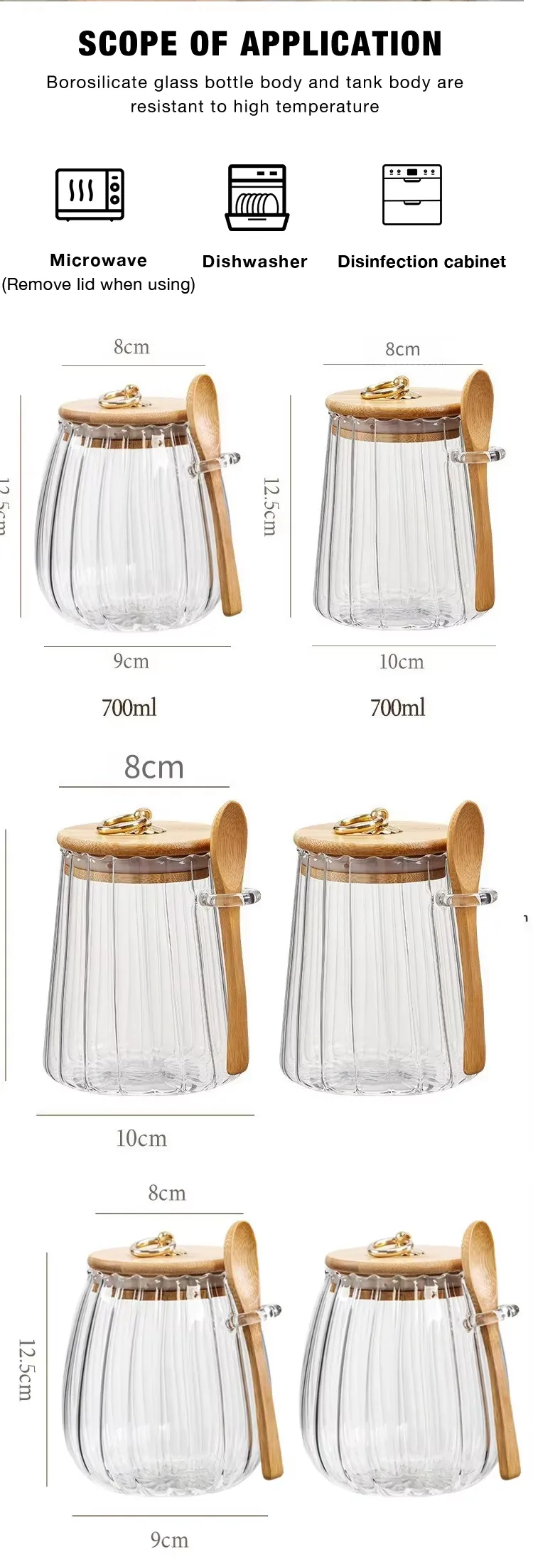 High Borosilicate Glass  Transparent Striped Storage Jar with Bamboo Lid