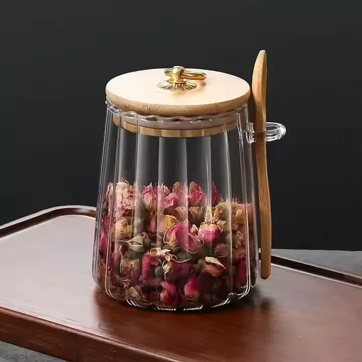 High Borosilicate Glass  Transparent Striped Storage Jar with Bamboo Lid