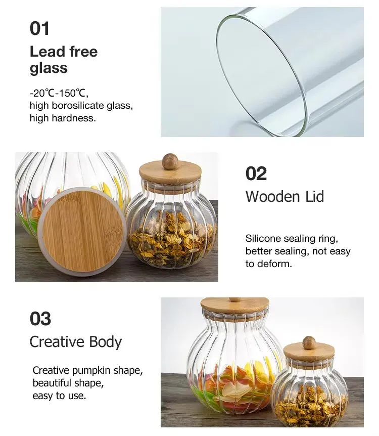 Pumpkin Pattern High Borosilicate Glass Jar with Bamboo Lid