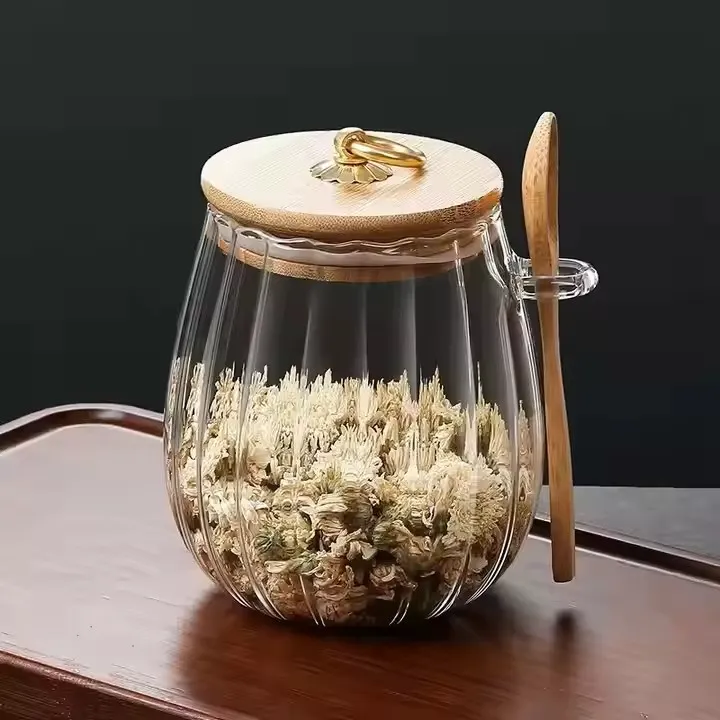 High Borosilicate Glass  Transparent Striped Storage Jar with Bamboo Lid