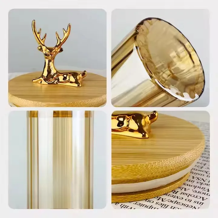 Amber Vertical Stripe High Borosilicate Glass Jars With Elk Bamboo Lid